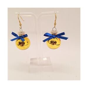 Christmas Ornament Earrings Gold Ball Blue Bow